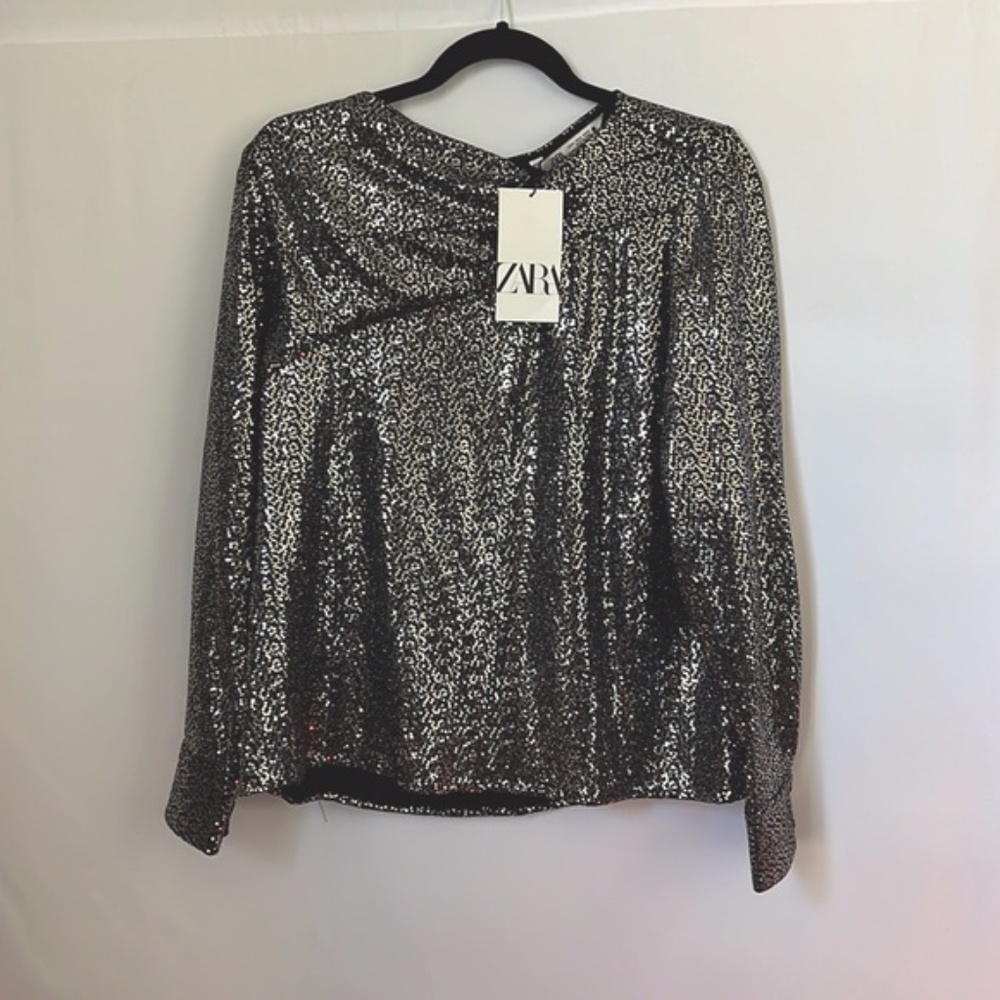NWT ZARA Silver Grey Sequin Metallic Long Sleeve Top With Knot
